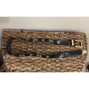VTG Donna Katz Black Leather Gold Goddess X Metal Studded Belt Size M
